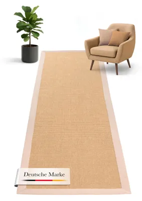 Produktbild von carpetfine Sisalteppich Läufer Naturfarbe 80x500 cm handgewebt mit Bordüre aus Baumwolle in Beige | Rutschfester Flachgewebe Teppichläufer Uni aus Naturfasern für Wohnzimmer, Schlafzimmer