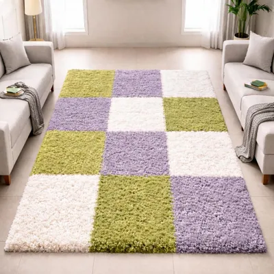 Produktbild von Shaggy Teppich Mehrfarbig Grün Grau Creme – moderner Hochflor Teppich mit Karomuster Größe - 200 x 290 cm