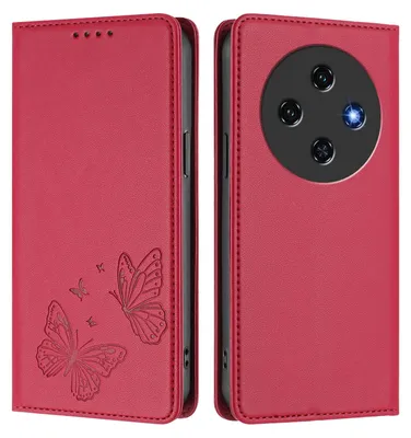 Image de Étui en cuir pour Oukitel C5 2025, étui de protection type portefeuille en cuir gaufré motif papillon avec support, rouge