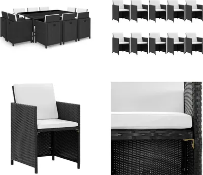 Produktbild von vidaXL 11 tlg. Garten Essgruppe mit Auflagen Poly Rattan Schwarz - Gartenmöbel-Set - Gartenmöbel-Sets - Gartentisch Und Stühle - Gartentische Und Stühle