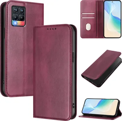 Obrázek produktu pro Pouzdro pro Realme 8 Pro/Realme 8 4G, vintage kožené pouzdro s RFID ochranou, přihrádkami na karty, stojánkem Červený