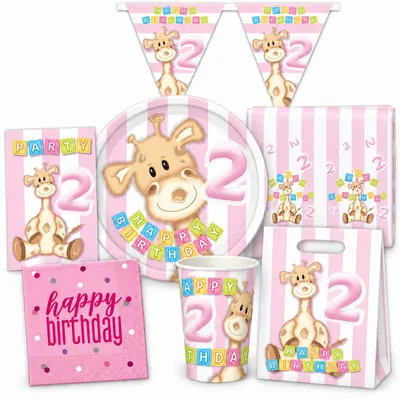 Produktbild von Partyset 2. Geburtstag Geburtstagsdeko Deko Giraffe Kindergeburtstag Zahl 2 Mädchen rosa pink