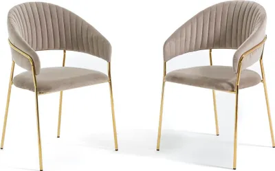 Produktbild von Set mit 2 Innenstühlen aus Samt mit Metallbeinen und gestepptem Rücken – elegantes, komfortables Design für Esszimmer, Küche, Bar und Restaurant – LEA – Beige/Gold