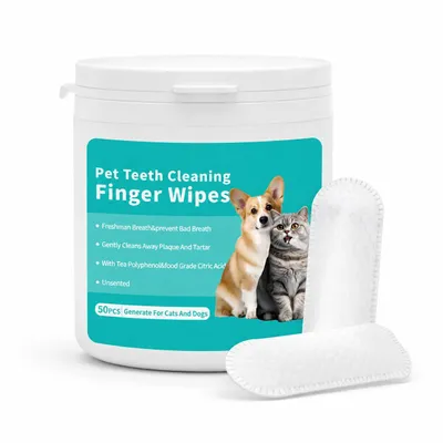 Produktbild von 50er Set Finger Zahnreinigungstücher 8 x 4 cm für Hunde, Hunde Fingerzahnbürste aus Vliesgewebe, Hund Zahnreinigung - PETTOUCH