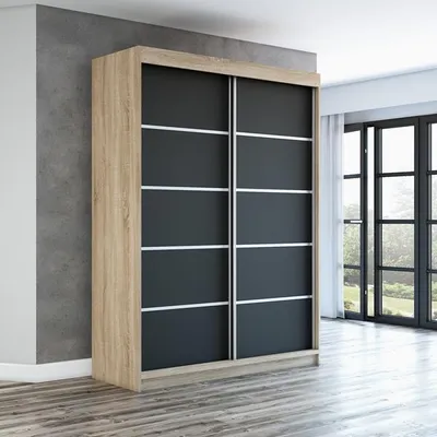 Produktbild von Schwebetürenschrank, 2-türig Schrank PARIS 160 cm (mit Spiegel) (Sonoma / schwarz / schwarz)