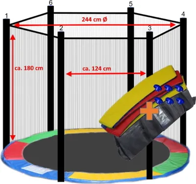 Diagram showing dimensions of a trampoline safety net system and accessories.