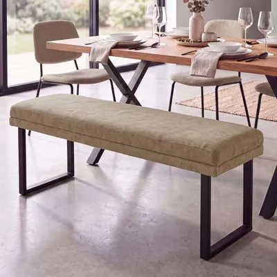 Produktbild von Sitzbank HWC-O81, Polsterbank Garderobenbank Esszimmerbank, Metall Stoff Chenille (310g/m²) 120cm hellbraun