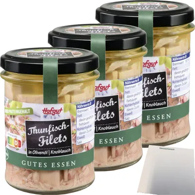 Produktbild von Hofgut Thunfisch Filets in Olivenöl mit Knoblaucharoma 3er Pack (3x190g Glas) + usy Block