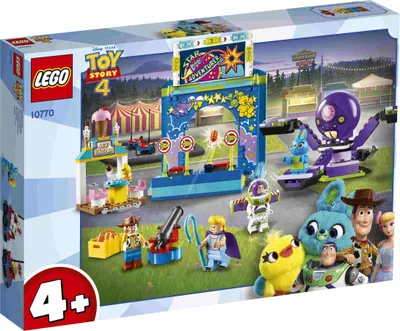 The image shows the packaging of a LEGO Toy Story 4 playset, featuring characters and carnival attractions.