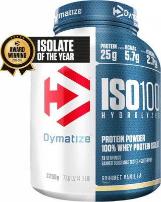 A product shot of a Dymatize ISO 100 Hydrolyzed Whey Protein Isolate powder container, featuring award winning text and nutritional information.