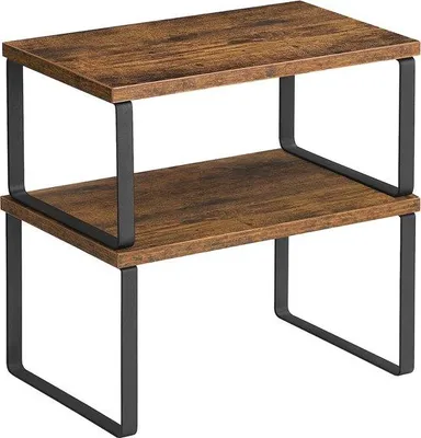 Immagine prodotto di Set di mensole da parete Unyqoos® (2) – mensole impilabili ed espandibili per la cucina, realizzate in metallo e truciolato, organizer per la cucina, colore nero / marrone vintage
