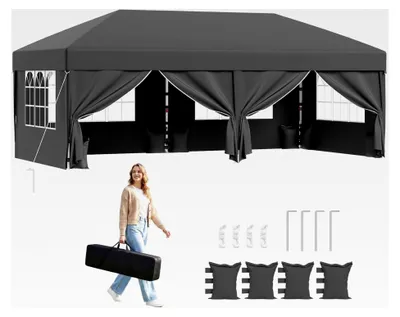 Produktbild von Pavillon 3x6m wasserdicht und winterfest, Pop-Up Faltpavillon mit 6 Seitenteilen und 4 Sandsäcken, faltbares Partyzelt für Garten, Camping und Feiern, grau