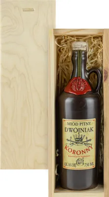 Produktbild von Koronny Met Dwójniak-Halber (Keramik) Geschenkset in einer leichten Holzbox | 750ml | 16% Alkohol Metwein | Polnische Produktion