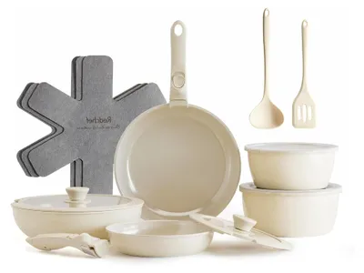 Produktbild von 16-teiliges Pfannen- und Topfset mit Antihaft-Keramikbeschichtung und abnehmbaren Griffen, Pfannen 20/26 cm, tiefe Bratpfanne 26 cm, Töpfe 18/20 cm, stapelbar für alle Herdarten, ofenfest