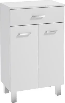 A white bathroom cabinet with a drawer and two doors, standing on silver legs.