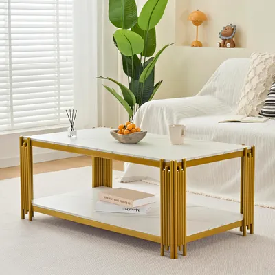 Produktbild von STILVORA Couchtisch mit rechteckiger Tischplatte in Marmorierung und Metallbeinen, Wohnzimmertisch mit zwei Ablagen und stabilem Design, Beistelltisch in modernem Stil, Weiß-Gold