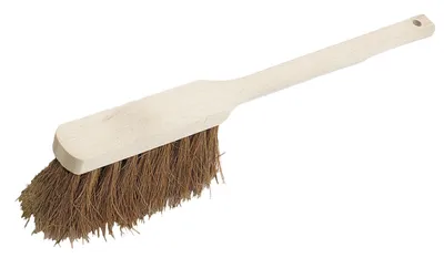 A single broom with a wooden handle and natural bristles, isolated on a white background.