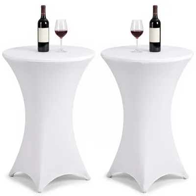 Obrázek produktu pro Sada dvou bílých potahů na stoly, elastické, určené pro kulaté stojací stoly o rozměrech 80 x 110 cm