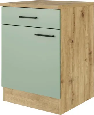 A kitchen cabinet base unit with a drawer and a door, featuring a matte green front and a wood-effect side and base.