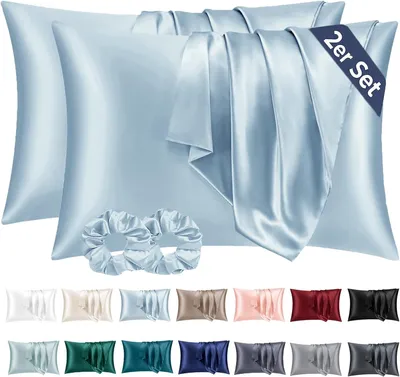 Imagen del producto de Dos fundas de almohada de satén, 50x70 cm, color azul claro, tan suaves como las fundas de almohada de seda, buenas para el cabello y la piel. Cierre tipo sobre y con 2 cintas para el pelo