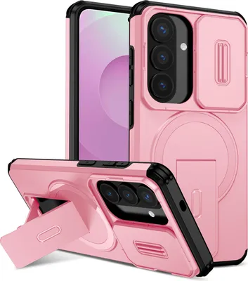 Obrázek produktu pro Magnetické pouzdro pro Samsung Galaxy S26, dvouvrstvé odolné pouzdro s posuvnou ochranou fotoaparátu a nastavitelným stojánkem Růžová