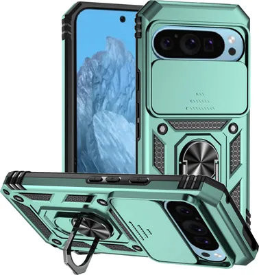 Immagine prodotto di Custodia per Google Pixel 9 a doppio strato con copertura scorrevole della fotocamera e supporto ad anello verde