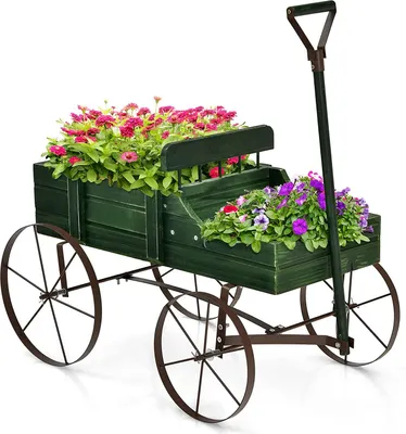 Produktbild von COSTWAY Stojan na kvety Drevený vozík na kvety s kovovými kolieskami Stojan na kvety pre záhradu a terasu 34x62x60 cm (zelený)