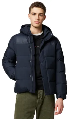 Zdjęcie produktu dla Kurtka puchowa męska Tommy Hilfiger, mieszanka materiałów, z kapturem, kolor niebieski