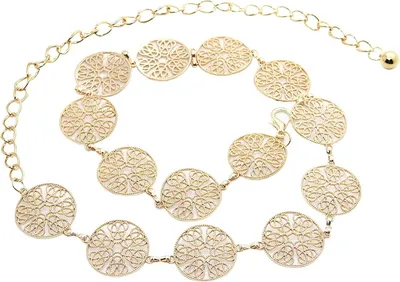 Produktbild von Modischer Kettengürtel für Damen im Vintage-Stil mit durchbrochenem Metallringmuster, verstellbarer goldener Schnalle, langer Taillengürtel, Kleidergürtel, Körperkette