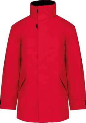 A red parka jacket shown front-on against a white background.