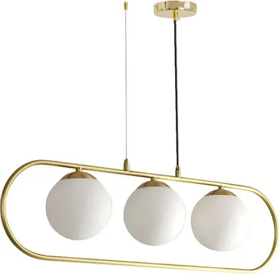 A modern pendant light with a gold frame and three white globe shades.