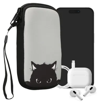 Produktbild von kwmobile Handytasche für Smartphones S - 4,5" - Neopren Handy Tasche Hülle Cover Case Schutzhülle - Neugierige Katze Grau Schwarz - 14,4 x 8,3 cm