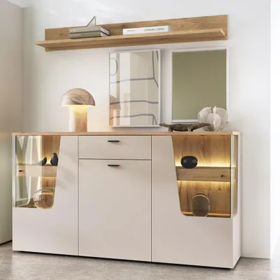 Produktbild von Esszimmer-Set mit Beleuchtung in Beige und Eiche, 2-teilig - CARMONA-129