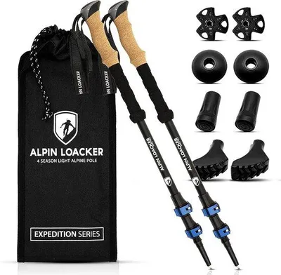 Productafbeelding van Unyqoos® Aluminium telescoop wandelstokken met kurkgreep – ultralicht (292 g), breukbestendig, inklapbaar tot 65 cm, verstelbaar van 105 tot 135 cm, inclusief rubberen dopjes en tas