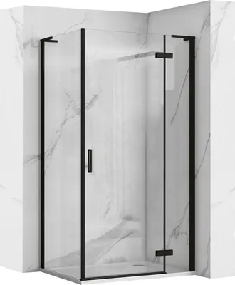 A modern black framed shower cabin with clear glass doors, set against a marble-patterned wall.