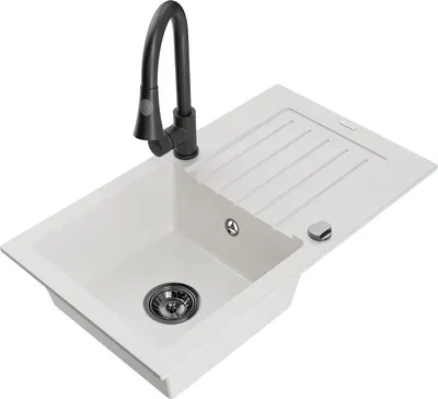 Produktbild von Mexen Pablo 1 Becken-Granitspüle mit Abtropffläche und Mischbatterie Elia, Weiß - 6510-20-670101-70