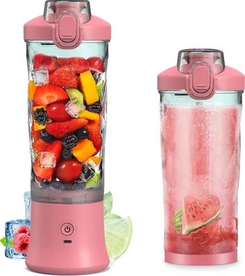 A split image showing a portable blender with fruits and ice on the left, and a blended smoothie in a cup on the right. There are also some decorative elements like raspberries, ice cubes, and lime slices.