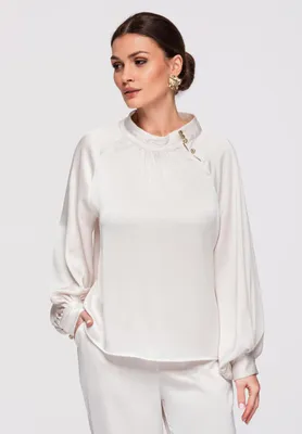 Produktbild von LARICA Damen Shirt Langarm Stehkragen Satin Bluse Elegant OW-TS-E0024 off white L