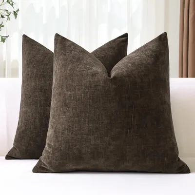 Immagine prodotto di Set di 2 federe per cuscini in chenille, 60x60 cm, colore marrone, morbide, ideali per la decorazione