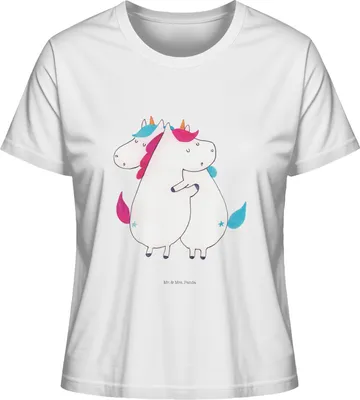 Produktbild von Mr. & Mrs. Panda Oberteil Damen Einhörner Umarmen Größe XL - Weiß - Geschenk, Unicorn, Freundin, Basic T-Shirt, Schwester, Liebe, Einhorn, Baumwoll, Kurzarmshirt, Familie