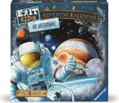 The image shows the front of a board game box with an astronaut in space, planets, and stars.