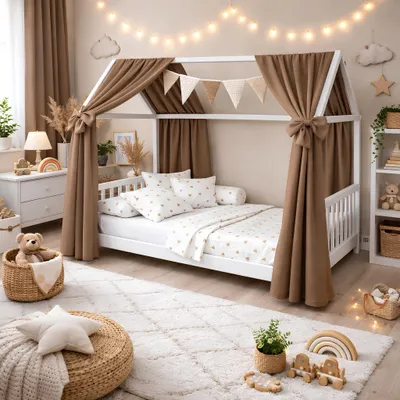 Produktbild von Baby-Delux Hausbett Himmel Musselin Betthimmel 2-er Set für Hausbett Kinderbett Baumwolle 160x300 cm Braun