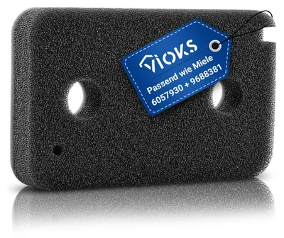 A black foam filter with a blue tag attached.