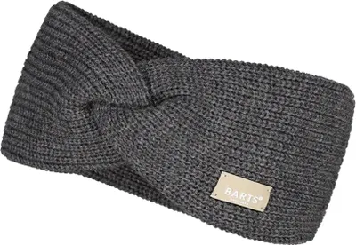A close-up studio shot of a grey knitted headband with a twisted knot detail and a small tan label with the brand name.