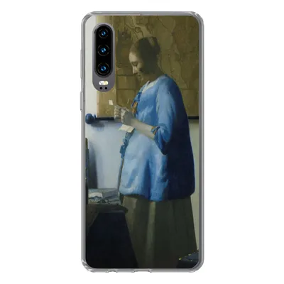 Produktbild von MuchoWow® Handyhülle Schutzhülle Hülle für Huawei P30 Frau in Blau liest einen Brief - Gemälde von Johannes Vermeer Silikon Softcase Handy Hülle - Kartenbesitzer