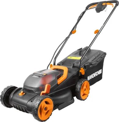 A black and orange electric lawnmower is shown against a white background.