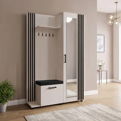 Produktbild von Garderoben-Set im Skandi-Stil mit Spiegel, Sitzbank, Schuhablage & Haken – Flurgarderobe 137 cm in Schwarzen Lamellen-Optik mit Ablage und Stauraum – Kaschmir Beige-Grau – Links