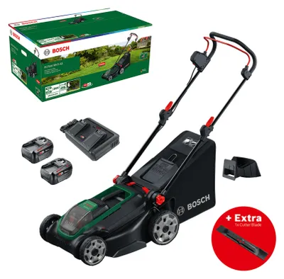Immagine prodotto di Set di avvio Bosch Rotak 18V 2-43+, composto da: 2 batterie da 4,0 Ah + spina per funzione mulching