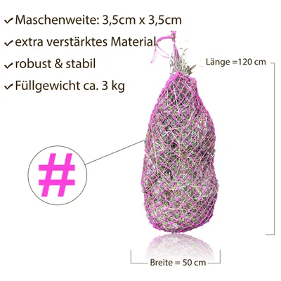 Produktbild von Pferdelinis Heunetz für Pferde, pink, 120x50 cm, Maschenweite 3x3 cm, Füllgewicht 3-4 kg, engmaschig, UV-beständig, witterungsbeständig, handgeknüpft aus PE, für verlängerte Fresszeit