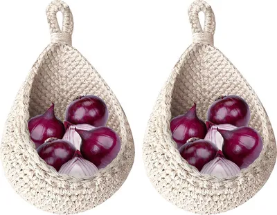 Image de (Blanc, L) Lot de 2 paniers muraux suspendus, paniers bohémiens en forme de goutte, hamac à fruits suspendu pour la cuisine sous l'armoire, pour ranger les légumes et les fruits dans la cuisine